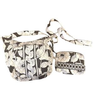 SET Vera Bradley Bag Matching Small Makeup Bag/Coin Purse Black White Floral